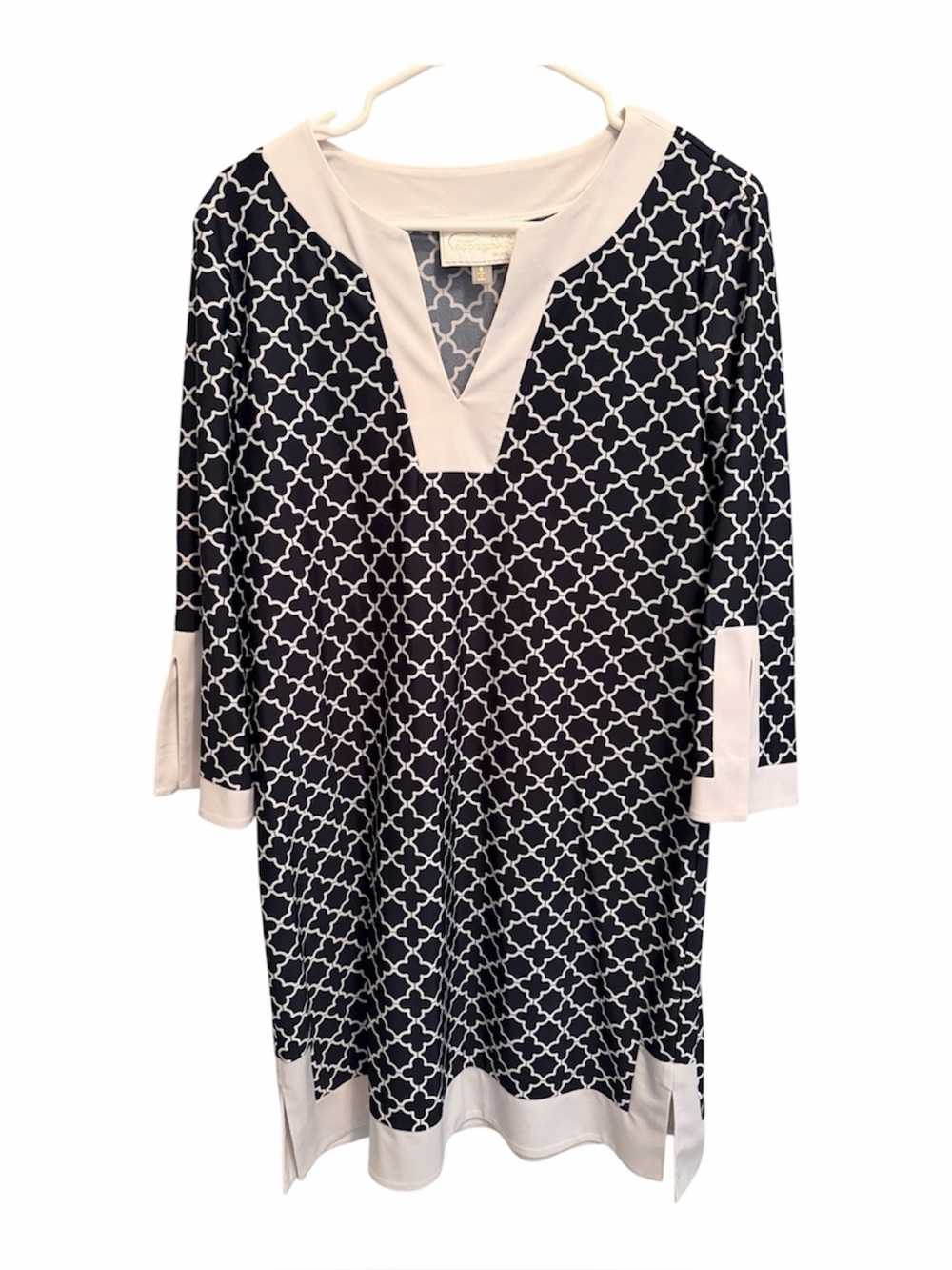 Pappagallo Navy and White Trellis-Print Long Sleeve Shift Dress. Size 8